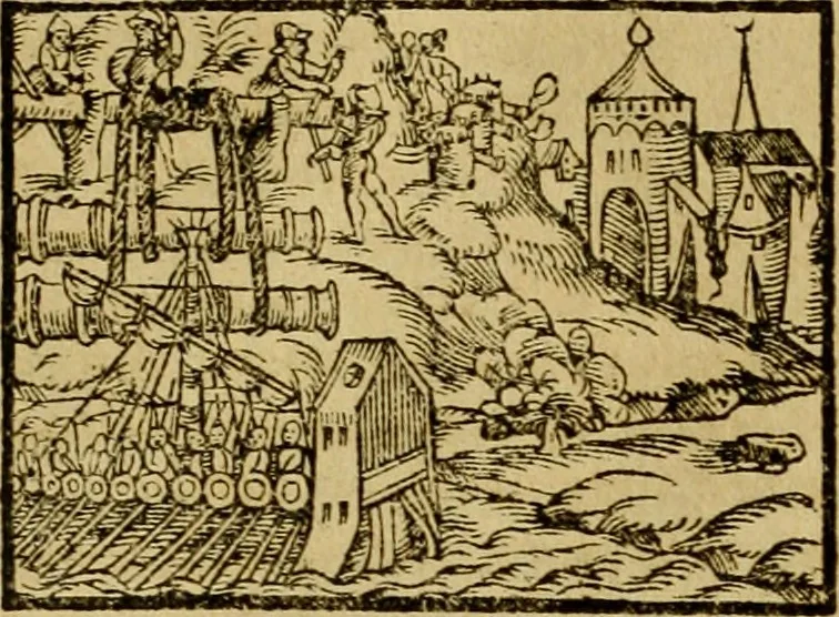 An illustration from Erste Theil der Hoffhaltung des Türckhischen Keysers vnd Othomañischen Reichs Beschreibung : darinn nicht allein der Türcken Empter ... sonder auch aller Türckischen Keysern Namen, Thaten, Krieg vnd Handel, so sie wider die Christen vnd Heyden haben verbracht, biss auff diss M.D.LXXVIII. Jar erstreckt vnd aussgeführet, auff das fleissigst verzeichnet vnd beschrieben : dessgleichen von der Türcken Aberglauben, Religion, Gottesdienst vnd Ceremonien ... : der ander Theil, wahrhaffte Beschreibung aller namhafften Geschichten, Thaten, Handlungen, Krieg ... so sich zwischen den Turcken vnd Christen vom Jar M.D.XX. biss auff das M.D.LXXVIII. Jar ... haben verloffen vnd zugetragen, 1578, leaf 391