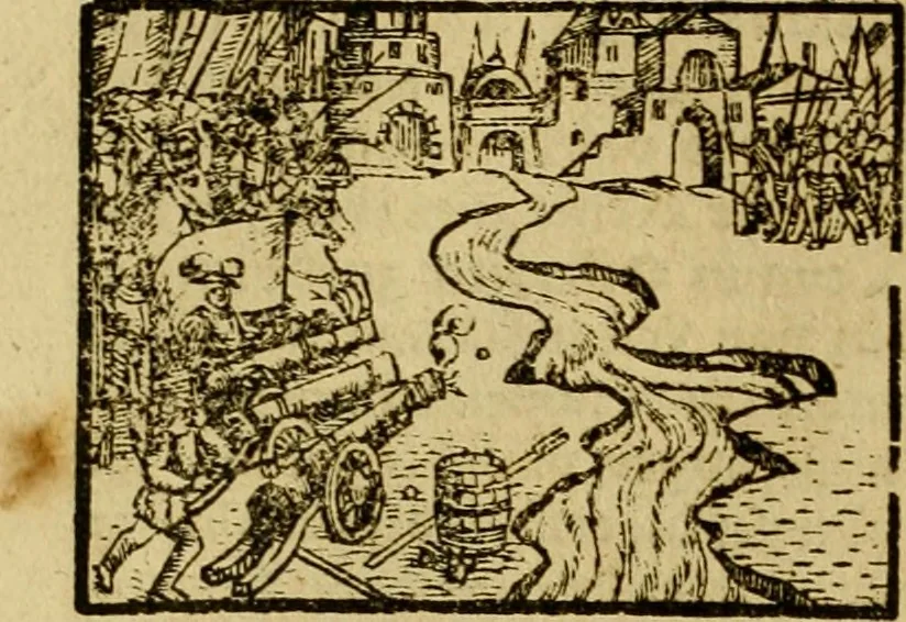 An illustration from Erste Theil der Hoffhaltung des Türckhischen Keysers vnd Othomañischen Reichs Beschreibung : darinn nicht allein der Türcken Empter ... sonder auch aller Türckischen Keysern Namen, Thaten, Krieg vnd Handel, so sie wider die Christen vnd Heyden haben verbracht, biss auff diss M.D.LXXVIII. Jar erstreckt vnd aussgeführet, auff das fleissigst verzeichnet vnd beschrieben : dessgleichen von der Türcken Aberglauben, Religion, Gottesdienst vnd Ceremonien ... : der ander Theil, wahrhaffte Beschreibung aller namhafften Geschichten, Thaten, Handlungen, Krieg ... so sich zwischen den Turcken vnd Christen vom Jar M.D.XX. biss auff das M.D.LXXVIII. Jar ... haben verloffen vnd zugetragen, 1578, leaf 393