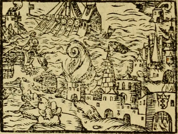 An illustration from Erste Theil der Hoffhaltung des Türckhischen Keysers vnd Othomañischen Reichs Beschreibung : darinn nicht allein der Türcken Empter ... sonder auch aller Türckischen Keysern Namen, Thaten, Krieg vnd Handel, so sie wider die Christen vnd Heyden haben verbracht, biss auff diss M.D.LXXVIII. Jar erstreckt vnd aussgeführet, auff das fleissigst verzeichnet vnd beschrieben : dessgleichen von der Türcken Aberglauben, Religion, Gottesdienst vnd Ceremonien ... : der ander Theil, wahrhaffte Beschreibung aller namhafften Geschichten, Thaten, Handlungen, Krieg ... so sich zwischen den Turcken vnd Christen vom Jar M.D.XX. biss auff das M.D.LXXVIII. Jar ... haben verloffen vnd zugetragen, 1578, leaf 393