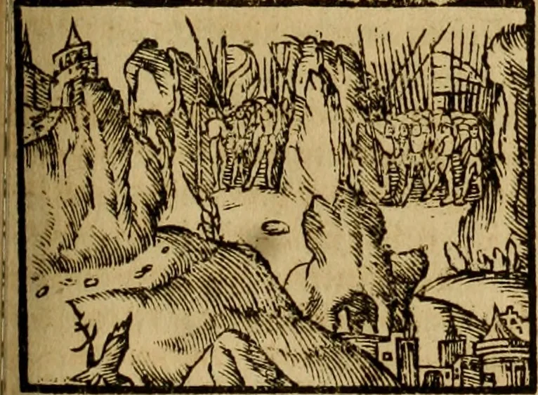 An illustration from Erste Theil der Hoffhaltung des Türckhischen Keysers vnd Othomañischen Reichs Beschreibung : darinn nicht allein der Türcken Empter ... sonder auch aller Türckischen Keysern Namen, Thaten, Krieg vnd Handel, so sie wider die Christen vnd Heyden haben verbracht, biss auff diss M.D.LXXVIII. Jar erstreckt vnd aussgeführet, auff das fleissigst verzeichnet vnd beschrieben : dessgleichen von der Türcken Aberglauben, Religion, Gottesdienst vnd Ceremonien ... : der ander Theil, wahrhaffte Beschreibung aller namhafften Geschichten, Thaten, Handlungen, Krieg ... so sich zwischen den Turcken vnd Christen vom Jar M.D.XX. biss auff das M.D.LXXVIII. Jar ... haben verloffen vnd zugetragen, 1578, leaf 394
