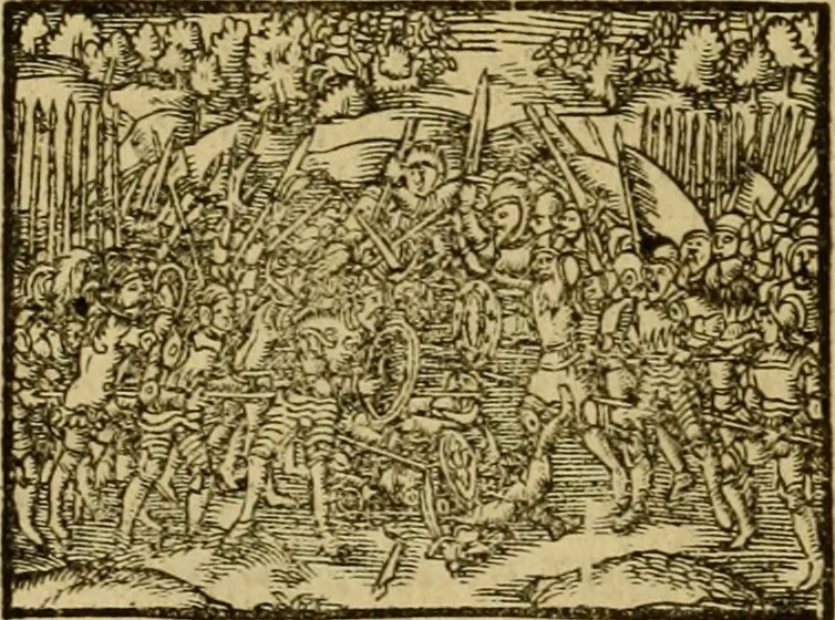 An illustration from Erste Theil der Hoffhaltung des Türckhischen Keysers vnd Othomañischen Reichs Beschreibung : darinn nicht allein der Türcken Empter ... sonder auch aller Türckischen Keysern Namen, Thaten, Krieg vnd Handel, so sie wider die Christen vnd Heyden haben verbracht, biss auff diss M.D.LXXVIII. Jar erstreckt vnd aussgeführet, auff das fleissigst verzeichnet vnd beschrieben : dessgleichen von der Türcken Aberglauben, Religion, Gottesdienst vnd Ceremonien ... : der ander Theil, wahrhaffte Beschreibung aller namhafften Geschichten, Thaten, Handlungen, Krieg ... so sich zwischen den Turcken vnd Christen vom Jar M.D.XX. biss auff das M.D.LXXVIII. Jar ... haben verloffen vnd zugetragen, 1578, leaf 397