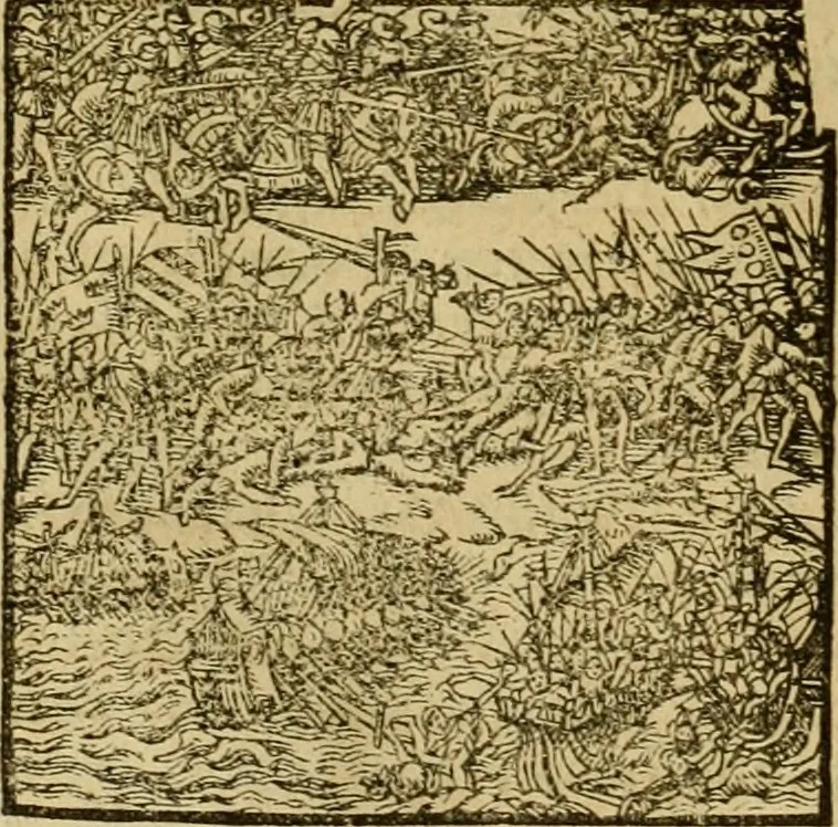 An illustration from Erste Theil der Hoffhaltung des Türckhischen Keysers vnd Othomañischen Reichs Beschreibung : darinn nicht allein der Türcken Empter ... sonder auch aller Türckischen Keysern Namen, Thaten, Krieg vnd Handel, so sie wider die Christen vnd Heyden haben verbracht, biss auff diss M.D.LXXVIII. Jar erstreckt vnd aussgeführet, auff das fleissigst verzeichnet vnd beschrieben : dessgleichen von der Türcken Aberglauben, Religion, Gottesdienst vnd Ceremonien ... : der ander Theil, wahrhaffte Beschreibung aller namhafften Geschichten, Thaten, Handlungen, Krieg ... so sich zwischen den Turcken vnd Christen vom Jar M.D.XX. biss auff das M.D.LXXVIII. Jar ... haben verloffen vnd zugetragen, 1578, leaf 397