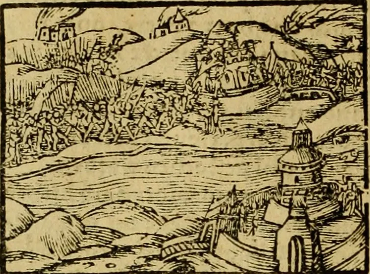 An illustration from Erste Theil der Hoffhaltung des Türckhischen Keysers vnd Othomañischen Reichs Beschreibung : darinn nicht allein der Türcken Empter ... sonder auch aller Türckischen Keysern Namen, Thaten, Krieg vnd Handel, so sie wider die Christen vnd Heyden haben verbracht, biss auff diss M.D.LXXVIII. Jar erstreckt vnd aussgeführet, auff das fleissigst verzeichnet vnd beschrieben : dessgleichen von der Türcken Aberglauben, Religion, Gottesdienst vnd Ceremonien ... : der ander Theil, wahrhaffte Beschreibung aller namhafften Geschichten, Thaten, Handlungen, Krieg ... so sich zwischen den Turcken vnd Christen vom Jar M.D.XX. biss auff das M.D.LXXVIII. Jar ... haben verloffen vnd zugetragen, 1578, leaf 399