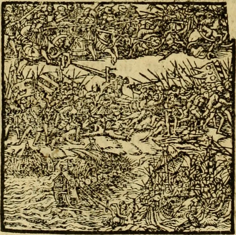 An illustration from Erste Theil der Hoffhaltung des Türckhischen Keysers vnd Othomañischen Reichs Beschreibung : darinn nicht allein der Türcken Empter ... sonder auch aller Türckischen Keysern Namen, Thaten, Krieg vnd Handel, so sie wider die Christen vnd Heyden haben verbracht, biss auff diss M.D.LXXVIII. Jar erstreckt vnd aussgeführet, auff das fleissigst verzeichnet vnd beschrieben : dessgleichen von der Türcken Aberglauben, Religion, Gottesdienst vnd Ceremonien ... : der ander Theil, wahrhaffte Beschreibung aller namhafften Geschichten, Thaten, Handlungen, Krieg ... so sich zwischen den Turcken vnd Christen vom Jar M.D.XX. biss auff das M.D.LXXVIII. Jar ... haben verloffen vnd zugetragen, 1578, leaf 399
