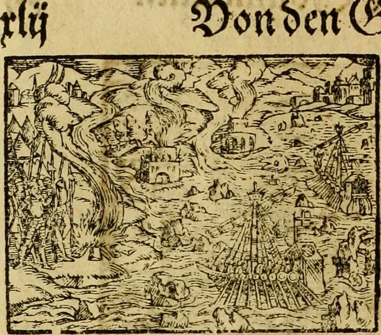 An illustration from Erste Theil der Hoffhaltung des Türckhischen Keysers vnd Othomañischen Reichs Beschreibung : darinn nicht allein der Türcken Empter ... sonder auch aller Türckischen Keysern Namen, Thaten, Krieg vnd Handel, so sie wider die Christen vnd Heyden haben verbracht, biss auff diss M.D.LXXVIII. Jar erstreckt vnd aussgeführet, auff das fleissigst verzeichnet vnd beschrieben : dessgleichen von der Türcken Aberglauben, Religion, Gottesdienst vnd Ceremonien ... : der ander Theil, wahrhaffte Beschreibung aller namhafften Geschichten, Thaten, Handlungen, Krieg ... so sich zwischen den Turcken vnd Christen vom Jar M.D.XX. biss auff das M.D.LXXVIII. Jar ... haben verloffen vnd zugetragen, 1578, leaf 405
