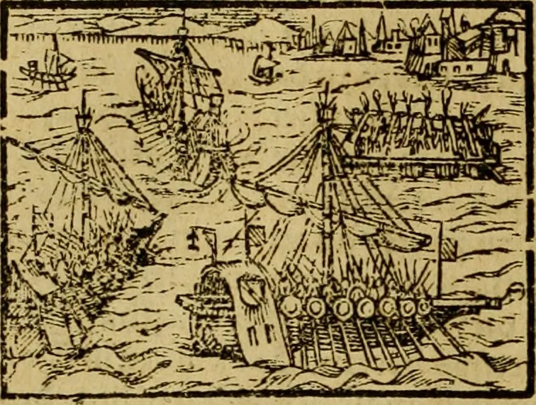 An illustration from Erste Theil der Hoffhaltung des Türckhischen Keysers vnd Othomañischen Reichs Beschreibung : darinn nicht allein der Türcken Empter ... sonder auch aller Türckischen Keysern Namen, Thaten, Krieg vnd Handel, so sie wider die Christen vnd Heyden haben verbracht, biss auff diss M.D.LXXVIII. Jar erstreckt vnd aussgeführet, auff das fleissigst verzeichnet vnd beschrieben : dessgleichen von der Türcken Aberglauben, Religion, Gottesdienst vnd Ceremonien ... : der ander Theil, wahrhaffte Beschreibung aller namhafften Geschichten, Thaten, Handlungen, Krieg ... so sich zwischen den Turcken vnd Christen vom Jar M.D.XX. biss auff das M.D.LXXVIII. Jar ... haben verloffen vnd zugetragen, 1578, leaf 407