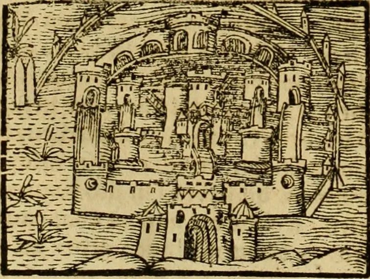 An illustration from Erste Theil der Hoffhaltung des Türckhischen Keysers vnd Othomañischen Reichs Beschreibung : darinn nicht allein der Türcken Empter ... sonder auch aller Türckischen Keysern Namen, Thaten, Krieg vnd Handel, so sie wider die Christen vnd Heyden haben verbracht, biss auff diss M.D.LXXVIII. Jar erstreckt vnd aussgeführet, auff das fleissigst verzeichnet vnd beschrieben : dessgleichen von der Türcken Aberglauben, Religion, Gottesdienst vnd Ceremonien ... : der ander Theil, wahrhaffte Beschreibung aller namhafften Geschichten, Thaten, Handlungen, Krieg ... so sich zwischen den Turcken vnd Christen vom Jar M.D.XX. biss auff das M.D.LXXVIII. Jar ... haben verloffen vnd zugetragen, 1578, leaf 407