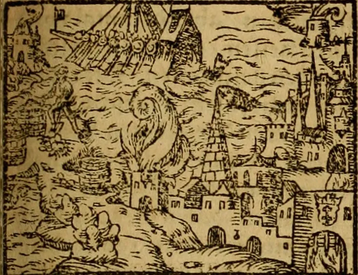 An illustration from Erste Theil der Hoffhaltung des Türckhischen Keysers vnd Othomañischen Reichs Beschreibung : darinn nicht allein der Türcken Empter ... sonder auch aller Türckischen Keysern Namen, Thaten, Krieg vnd Handel, so sie wider die Christen vnd Heyden haben verbracht, biss auff diss M.D.LXXVIII. Jar erstreckt vnd aussgeführet, auff das fleissigst verzeichnet vnd beschrieben : dessgleichen von der Türcken Aberglauben, Religion, Gottesdienst vnd Ceremonien ... : der ander Theil, wahrhaffte Beschreibung aller namhafften Geschichten, Thaten, Handlungen, Krieg ... so sich zwischen den Turcken vnd Christen vom Jar M.D.XX. biss auff das M.D.LXXVIII. Jar ... haben verloffen vnd zugetragen, 1578, leaf 408
