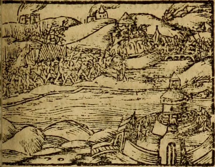An illustration from Erste Theil der Hoffhaltung des Türckhischen Keysers vnd Othomañischen Reichs Beschreibung : darinn nicht allein der Türcken Empter ... sonder auch aller Türckischen Keysern Namen, Thaten, Krieg vnd Handel, so sie wider die Christen vnd Heyden haben verbracht, biss auff diss M.D.LXXVIII. Jar erstreckt vnd aussgeführet, auff das fleissigst verzeichnet vnd beschrieben : dessgleichen von der Türcken Aberglauben, Religion, Gottesdienst vnd Ceremonien ... : der ander Theil, wahrhaffte Beschreibung aller namhafften Geschichten, Thaten, Handlungen, Krieg ... so sich zwischen den Turcken vnd Christen vom Jar M.D.XX. biss auff das M.D.LXXVIII. Jar ... haben verloffen vnd zugetragen, 1578, leaf 408