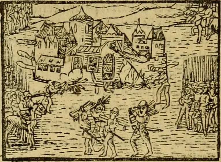 An illustration from Erste Theil der Hoffhaltung des Türckhischen Keysers vnd Othomañischen Reichs Beschreibung : darinn nicht allein der Türcken Empter ... sonder auch aller Türckischen Keysern Namen, Thaten, Krieg vnd Handel, so sie wider die Christen vnd Heyden haben verbracht, biss auff diss M.D.LXXVIII. Jar erstreckt vnd aussgeführet, auff das fleissigst verzeichnet vnd beschrieben : dessgleichen von der Türcken Aberglauben, Religion, Gottesdienst vnd Ceremonien ... : der ander Theil, wahrhaffte Beschreibung aller namhafften Geschichten, Thaten, Handlungen, Krieg ... so sich zwischen den Turcken vnd Christen vom Jar M.D.XX. biss auff das M.D.LXXVIII. Jar ... haben verloffen vnd zugetragen, 1578, leaf 411