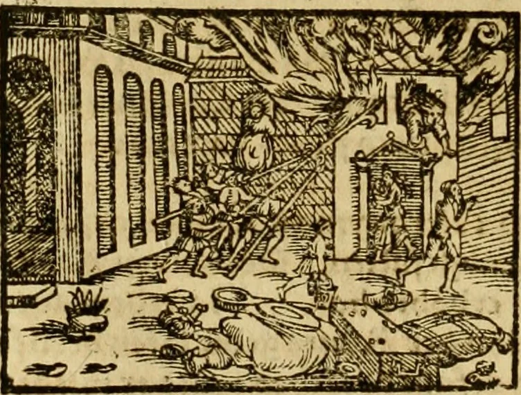 An illustration from Erste Theil der Hoffhaltung des Türckhischen Keysers vnd Othomañischen Reichs Beschreibung : darinn nicht allein der Türcken Empter ... sonder auch aller Türckischen Keysern Namen, Thaten, Krieg vnd Handel, so sie wider die Christen vnd Heyden haben verbracht, biss auff diss M.D.LXXVIII. Jar erstreckt vnd aussgeführet, auff das fleissigst verzeichnet vnd beschrieben : dessgleichen von der Türcken Aberglauben, Religion, Gottesdienst vnd Ceremonien ... : der ander Theil, wahrhaffte Beschreibung aller namhafften Geschichten, Thaten, Handlungen, Krieg ... so sich zwischen den Turcken vnd Christen vom Jar M.D.XX. biss auff das M.D.LXXVIII. Jar ... haben verloffen vnd zugetragen, 1578, leaf 429