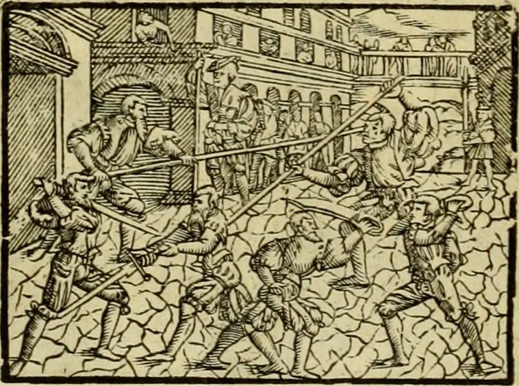 An illustration from Erste Theil der Hoffhaltung des Türckhischen Keysers vnd Othomañischen Reichs Beschreibung : darinn nicht allein der Türcken Empter ... sonder auch aller Türckischen Keysern Namen, Thaten, Krieg vnd Handel, so sie wider die Christen vnd Heyden haben verbracht, biss auff diss M.D.LXXVIII. Jar erstreckt vnd aussgeführet, auff das fleissigst verzeichnet vnd beschrieben : dessgleichen von der Türcken Aberglauben, Religion, Gottesdienst vnd Ceremonien ... : der ander Theil, wahrhaffte Beschreibung aller namhafften Geschichten, Thaten, Handlungen, Krieg ... so sich zwischen den Turcken vnd Christen vom Jar M.D.XX. biss auff das M.D.LXXVIII. Jar ... haben verloffen vnd zugetragen, 1578, leaf 43