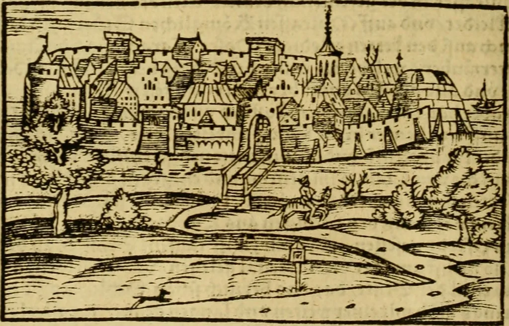 An illustration from Erste Theil der Hoffhaltung des Türckhischen Keysers vnd Othomañischen Reichs Beschreibung : darinn nicht allein der Türcken Empter ... sonder auch aller Türckischen Keysern Namen, Thaten, Krieg vnd Handel, so sie wider die Christen vnd Heyden haben verbracht, biss auff diss M.D.LXXVIII. Jar erstreckt vnd aussgeführet, auff das fleissigst verzeichnet vnd beschrieben : dessgleichen von der Türcken Aberglauben, Religion, Gottesdienst vnd Ceremonien ... : der ander Theil, wahrhaffte Beschreibung aller namhafften Geschichten, Thaten, Handlungen, Krieg ... so sich zwischen den Turcken vnd Christen vom Jar M.D.XX. biss auff das M.D.LXXVIII. Jar ... haben verloffen vnd zugetragen, 1578, leaf 435