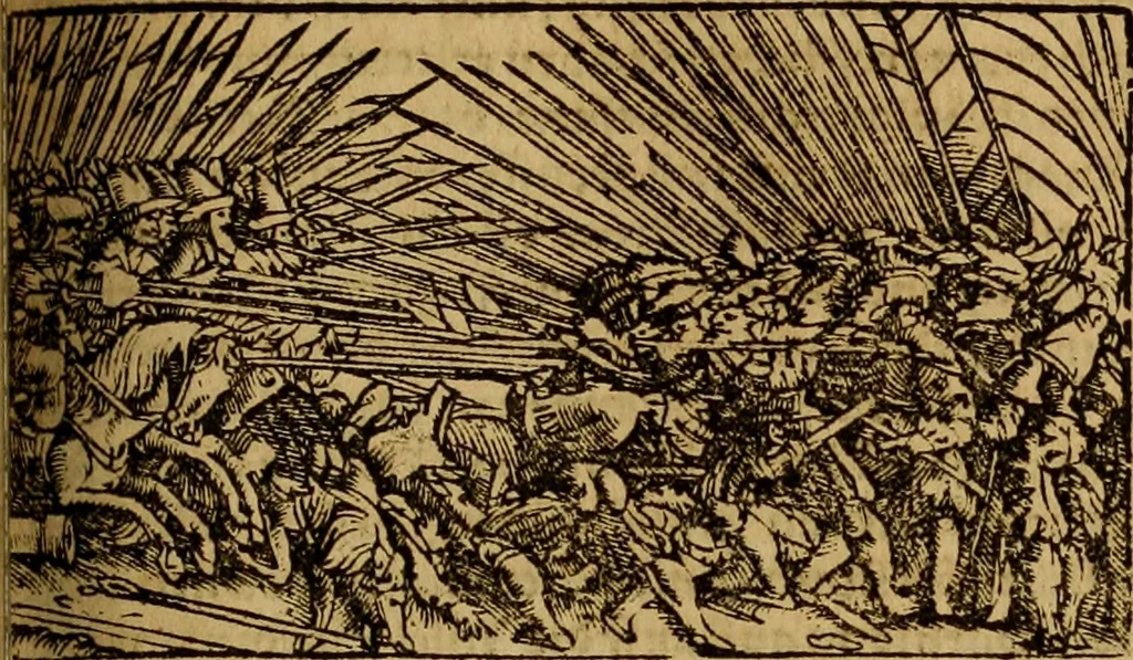 An illustration from Erste Theil der Hoffhaltung des Türckhischen Keysers vnd Othomañischen Reichs Beschreibung : darinn nicht allein der Türcken Empter ... sonder auch aller Türckischen Keysern Namen, Thaten, Krieg vnd Handel, so sie wider die Christen vnd Heyden haben verbracht, biss auff diss M.D.LXXVIII. Jar erstreckt vnd aussgeführet, auff das fleissigst verzeichnet vnd beschrieben : dessgleichen von der Türcken Aberglauben, Religion, Gottesdienst vnd Ceremonien ... : der ander Theil, wahrhaffte Beschreibung aller namhafften Geschichten, Thaten, Handlungen, Krieg ... so sich zwischen den Turcken vnd Christen vom Jar M.D.XX. biss auff das M.D.LXXVIII. Jar ... haben verloffen vnd zugetragen, 1578, leaf 438