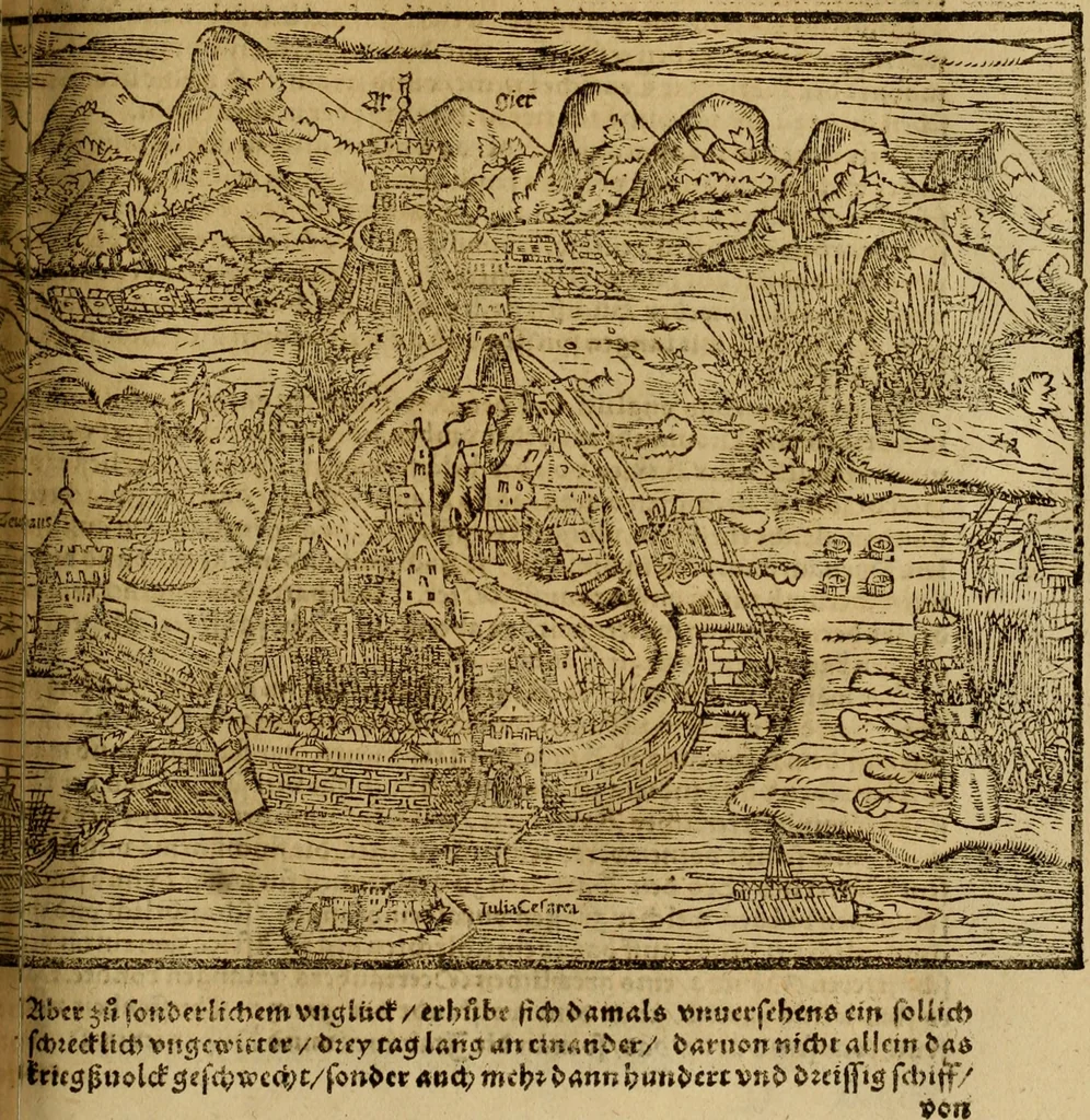 An illustration from Erste Theil der Hoffhaltung des Türckhischen Keysers vnd Othomañischen Reichs Beschreibung : darinn nicht allein der Türcken Empter ... sonder auch aller Türckischen Keysern Namen, Thaten, Krieg vnd Handel, so sie wider die Christen vnd Heyden haben verbracht, biss auff diss M.D.LXXVIII. Jar erstreckt vnd aussgeführet, auff das fleissigst verzeichnet vnd beschrieben : dessgleichen von der Türcken Aberglauben, Religion, Gottesdienst vnd Ceremonien ... : der ander Theil, wahrhaffte Beschreibung aller namhafften Geschichten, Thaten, Handlungen, Krieg ... so sich zwischen den Turcken vnd Christen vom Jar M.D.XX. biss auff das M.D.LXXVIII. Jar ... haben verloffen vnd zugetragen, 1578, leaf 458