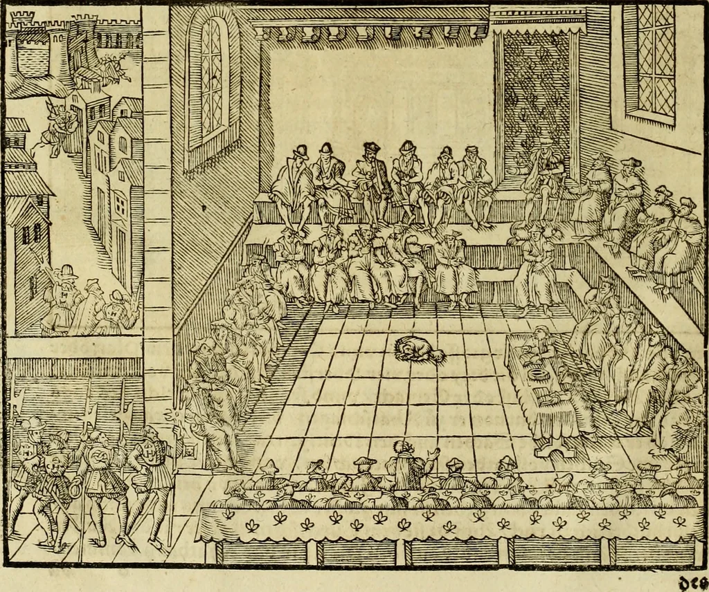 An illustration from Erste Theil der Hoffhaltung des Türckhischen Keysers vnd Othomañischen Reichs Beschreibung : darinn nicht allein der Türcken Empter ... sonder auch aller Türckischen Keysern Namen, Thaten, Krieg vnd Handel, so sie wider die Christen vnd Heyden haben verbracht, biss auff diss M.D.LXXVIII. Jar erstreckt vnd aussgeführet, auff das fleissigst verzeichnet vnd beschrieben : dessgleichen von der Türcken Aberglauben, Religion, Gottesdienst vnd Ceremonien ... : der ander Theil, wahrhaffte Beschreibung aller namhafften Geschichten, Thaten, Handlungen, Krieg ... so sich zwischen den Turcken vnd Christen vom Jar M.D.XX. biss auff das M.D.LXXVIII. Jar ... haben verloffen vnd zugetragen, 1578, leaf 49