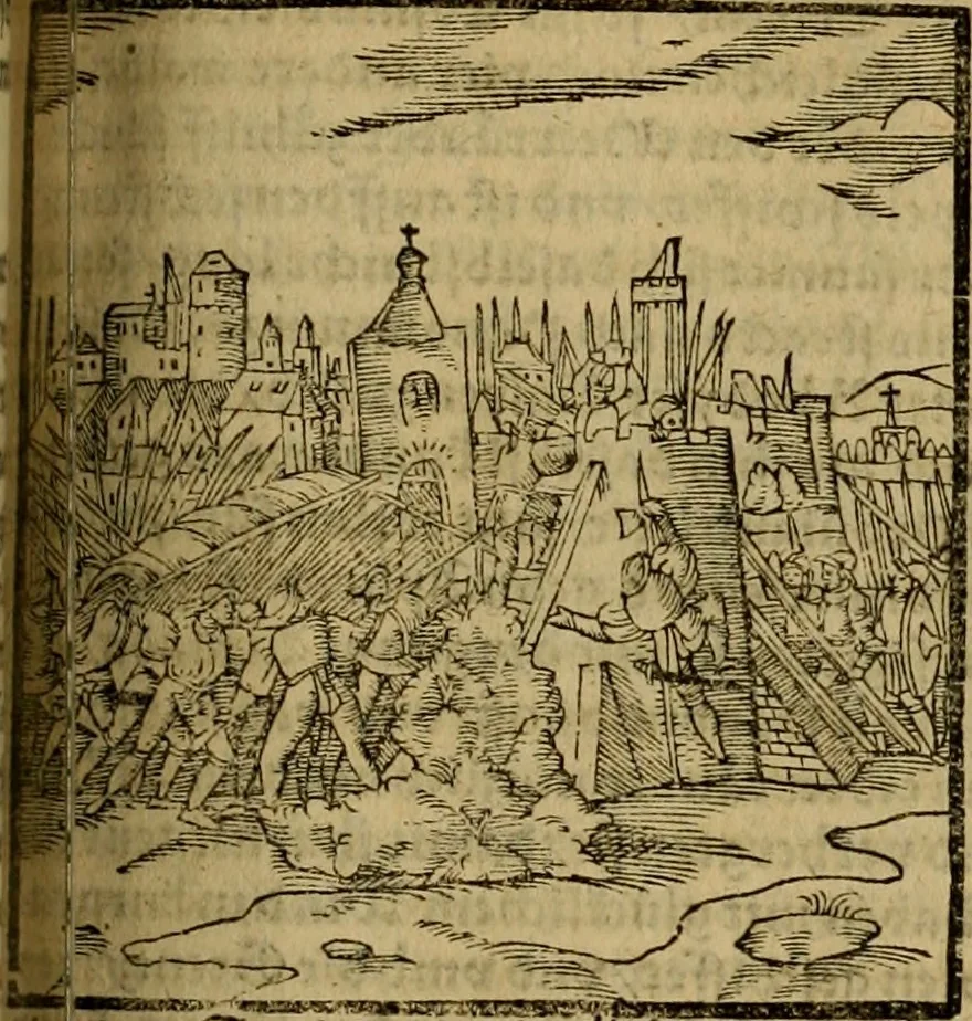 An illustration from Erste Theil der Hoffhaltung des Türckhischen Keysers vnd Othomañischen Reichs Beschreibung : darinn nicht allein der Türcken Empter ... sonder auch aller Türckischen Keysern Namen, Thaten, Krieg vnd Handel, so sie wider die Christen vnd Heyden haben verbracht, biss auff diss M.D.LXXVIII. Jar erstreckt vnd aussgeführet, auff das fleissigst verzeichnet vnd beschrieben : dessgleichen von der Türcken Aberglauben, Religion, Gottesdienst vnd Ceremonien ... : der ander Theil, wahrhaffte Beschreibung aller namhafften Geschichten, Thaten, Handlungen, Krieg ... so sich zwischen den Turcken vnd Christen vom Jar M.D.XX. biss auff das M.D.LXXVIII. Jar ... haben verloffen vnd zugetragen, 1578, leaf 490
