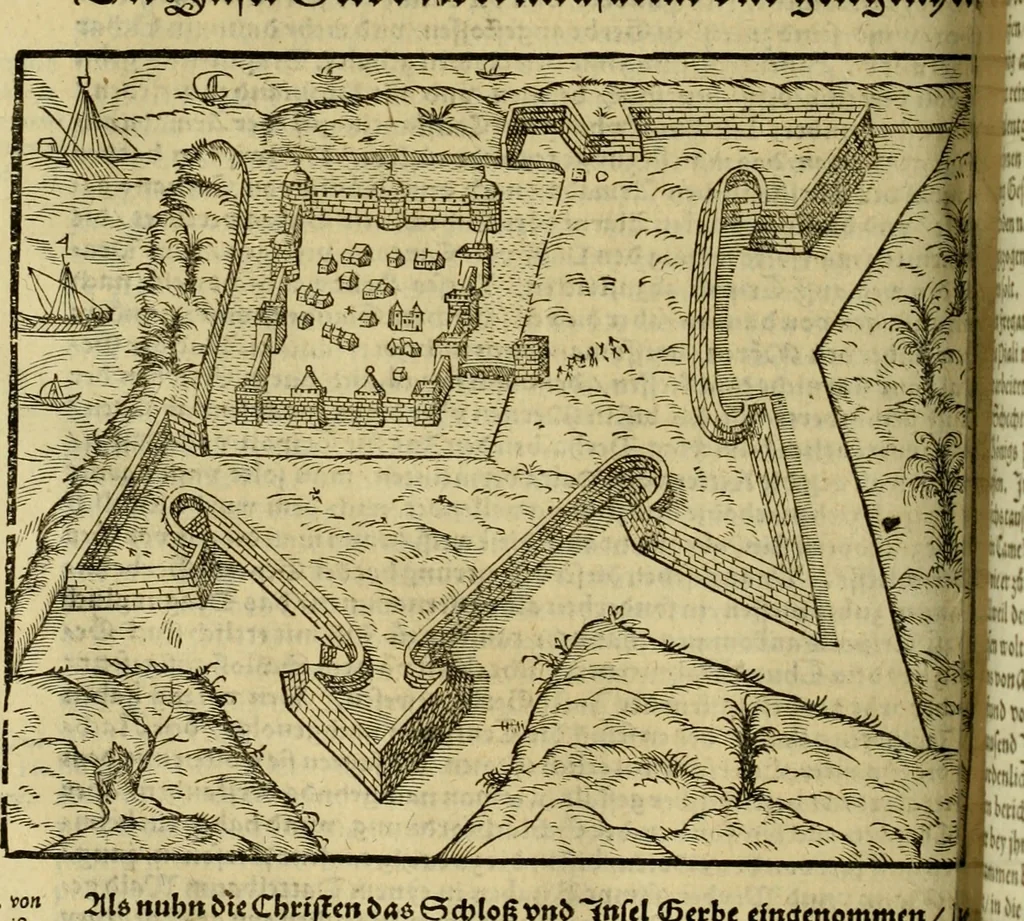 An illustration from Erste Theil der Hoffhaltung des Türckhischen Keysers vnd Othomañischen Reichs Beschreibung : darinn nicht allein der Türcken Empter ... sonder auch aller Türckischen Keysern Namen, Thaten, Krieg vnd Handel, so sie wider die Christen vnd Heyden haben verbracht, biss auff diss M.D.LXXVIII. Jar erstreckt vnd aussgeführet, auff das fleissigst verzeichnet vnd beschrieben : dessgleichen von der Türcken Aberglauben, Religion, Gottesdienst vnd Ceremonien ... : der ander Theil, wahrhaffte Beschreibung aller namhafften Geschichten, Thaten, Handlungen, Krieg ... so sich zwischen den Turcken vnd Christen vom Jar M.D.XX. biss auff das M.D.LXXVIII. Jar ... haben verloffen vnd zugetragen, 1578, leaf 527