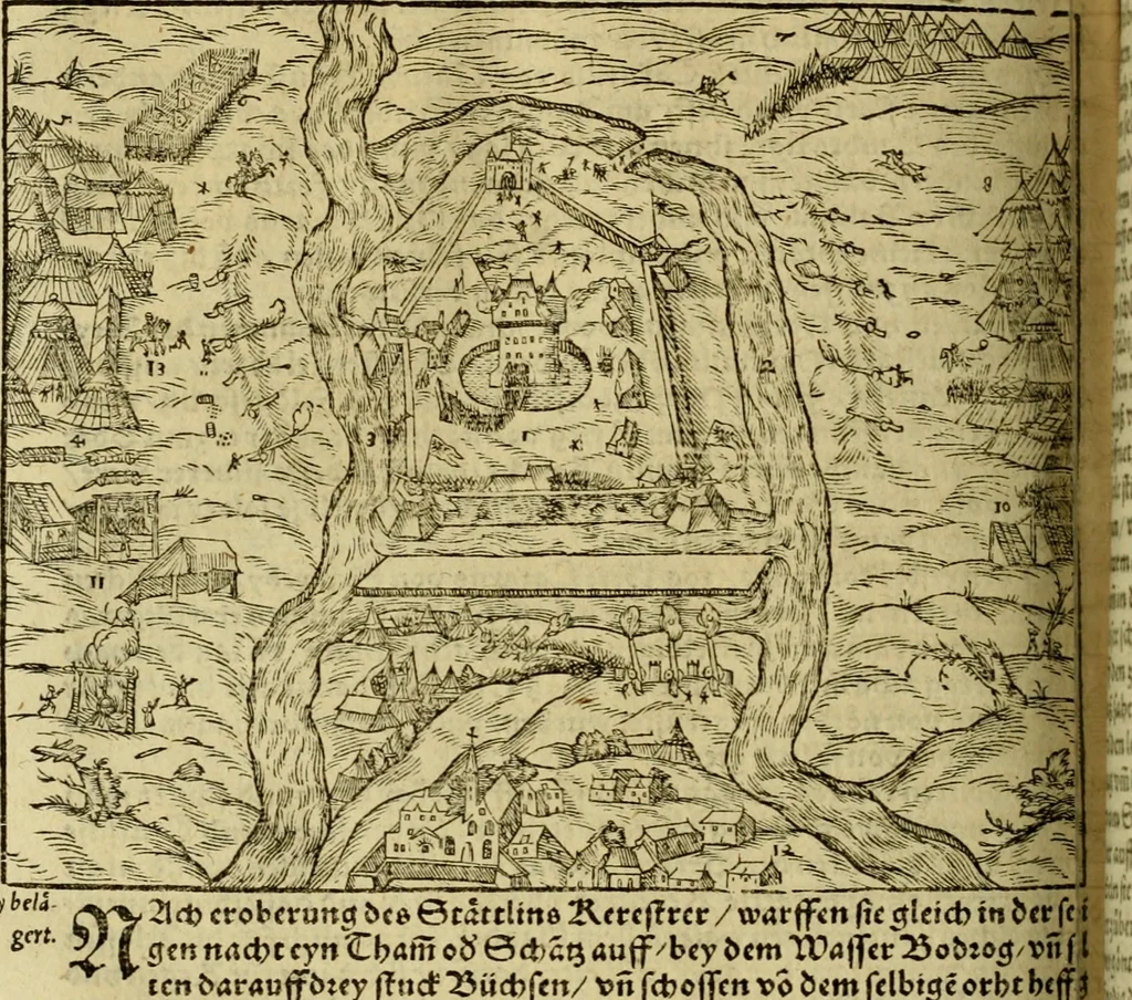 An illustration from Erste Theil der Hoffhaltung des Türckhischen Keysers vnd Othomañischen Reichs Beschreibung : darinn nicht allein der Türcken Empter ... sonder auch aller Türckischen Keysern Namen, Thaten, Krieg vnd Handel, so sie wider die Christen vnd Heyden haben verbracht, biss auff diss M.D.LXXVIII. Jar erstreckt vnd aussgeführet, auff das fleissigst verzeichnet vnd beschrieben : dessgleichen von der Türcken Aberglauben, Religion, Gottesdienst vnd Ceremonien ... : der ander Theil, wahrhaffte Beschreibung aller namhafften Geschichten, Thaten, Handlungen, Krieg ... so sich zwischen den Turcken vnd Christen vom Jar M.D.XX. biss auff das M.D.LXXVIII. Jar ... haben verloffen vnd zugetragen, 1578, leaf 549