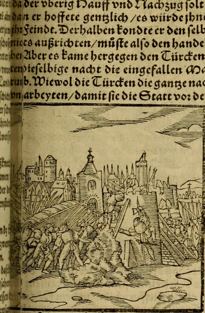 An illustration from Erste Theil der Hoffhaltung des Türckhischen Keysers vnd Othomañischen Reichs Beschreibung : darinn nicht allein der Türcken Empter ... sonder auch aller Türckischen Keysern Namen, Thaten, Krieg vnd Handel, so sie wider die Christen vnd Heyden haben verbracht, biss auff diss M.D.LXXVIII. Jar erstreckt vnd aussgeführet, auff das fleissigst verzeichnet vnd beschrieben : dessgleichen von der Türcken Aberglauben, Religion, Gottesdienst vnd Ceremonien ... : der ander Theil, wahrhaffte Beschreibung aller namhafften Geschichten, Thaten, Handlungen, Krieg ... so sich zwischen den Turcken vnd Christen vom Jar M.D.XX. biss auff das M.D.LXXVIII. Jar ... haben verloffen vnd zugetragen, 1578, leaf 556