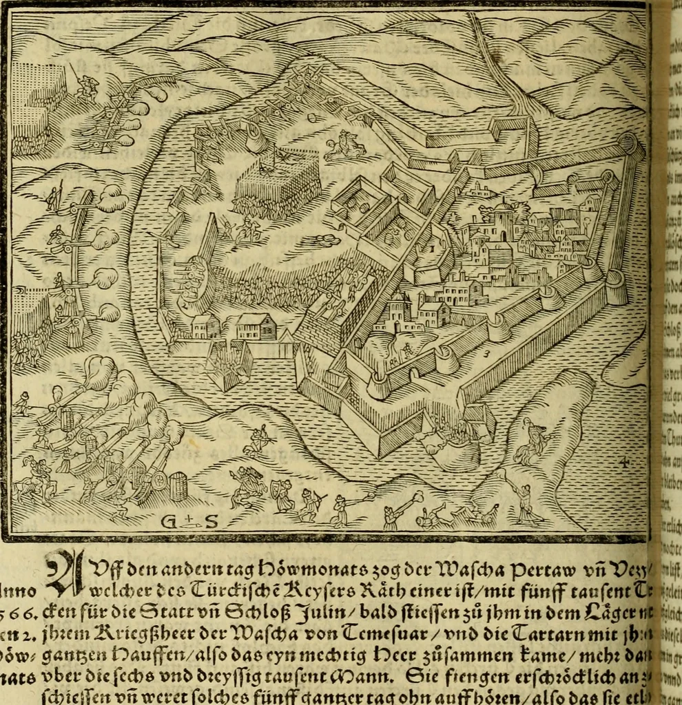 An illustration from Erste Theil der Hoffhaltung des Türckhischen Keysers vnd Othomañischen Reichs Beschreibung : darinn nicht allein der Türcken Empter ... sonder auch aller Türckischen Keysern Namen, Thaten, Krieg vnd Handel, so sie wider die Christen vnd Heyden haben verbracht, biss auff diss M.D.LXXVIII. Jar erstreckt vnd aussgeführet, auff das fleissigst verzeichnet vnd beschrieben : dessgleichen von der Türcken Aberglauben, Religion, Gottesdienst vnd Ceremonien ... : der ander Theil, wahrhaffte Beschreibung aller namhafften Geschichten, Thaten, Handlungen, Krieg ... so sich zwischen den Turcken vnd Christen vom Jar M.D.XX. biss auff das M.D.LXXVIII. Jar ... haben verloffen vnd zugetragen, 1578, leaf 557