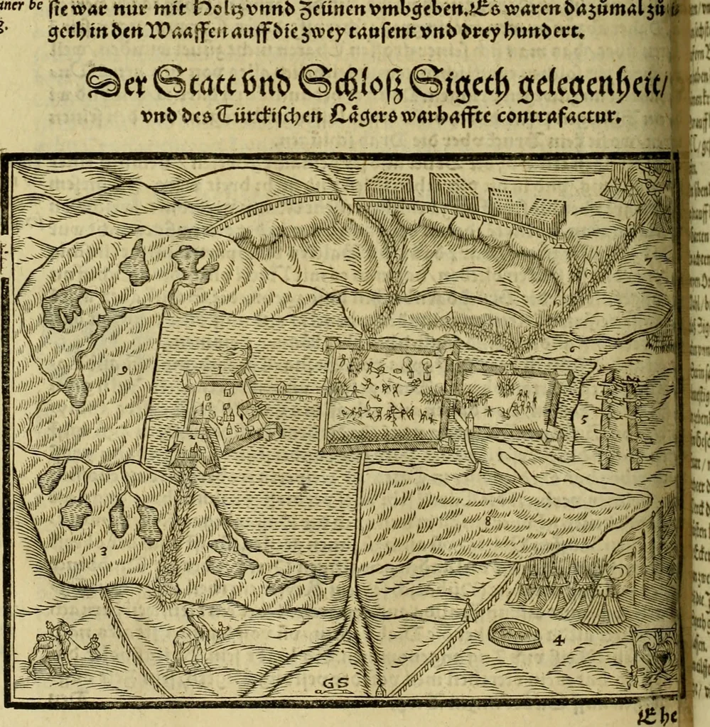An illustration from Erste Theil der Hoffhaltung des Türckhischen Keysers vnd Othomañischen Reichs Beschreibung : darinn nicht allein der Türcken Empter ... sonder auch aller Türckischen Keysern Namen, Thaten, Krieg vnd Handel, so sie wider die Christen vnd Heyden haben verbracht, biss auff diss M.D.LXXVIII. Jar erstreckt vnd aussgeführet, auff das fleissigst verzeichnet vnd beschrieben : dessgleichen von der Türcken Aberglauben, Religion, Gottesdienst vnd Ceremonien ... : der ander Theil, wahrhaffte Beschreibung aller namhafften Geschichten, Thaten, Handlungen, Krieg ... so sich zwischen den Turcken vnd Christen vom Jar M.D.XX. biss auff das M.D.LXXVIII. Jar ... haben verloffen vnd zugetragen, 1578, leaf 567