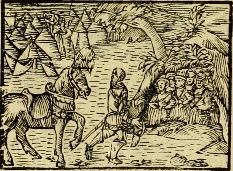 An illustration from Erste Theil der Hoffhaltung des Türckhischen Keysers vnd Othomañischen Reichs Beschreibung : darinn nicht allein der Türcken Empter ... sonder auch aller Türckischen Keysern Namen, Thaten, Krieg vnd Handel, so sie wider die Christen vnd Heyden haben verbracht, biss auff diss M.D.LXXVIII. Jar erstreckt vnd aussgeführet, auff das fleissigst verzeichnet vnd beschrieben : dessgleichen von der Türcken Aberglauben, Religion, Gottesdienst vnd Ceremonien ... : der ander Theil, wahrhaffte Beschreibung aller namhafften Geschichten, Thaten, Handlungen, Krieg ... so sich zwischen den Turcken vnd Christen vom Jar M.D.XX. biss auff das M.D.LXXVIII. Jar ... haben verloffen vnd zugetragen, 1578, leaf 57