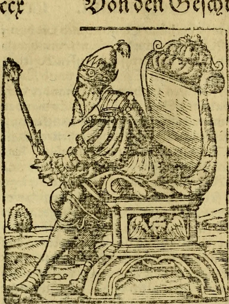 An illustration from Erste Theil der Hoffhaltung des Türckhischen Keysers vnd Othomañischen Reichs Beschreibung : darinn nicht allein der Türcken Empter ... sonder auch aller Türckischen Keysern Namen, Thaten, Krieg vnd Handel, so sie wider die Christen vnd Heyden haben verbracht, biss auff diss M.D.LXXVIII. Jar erstreckt vnd aussgeführet, auff das fleissigst verzeichnet vnd beschrieben : dessgleichen von der Türcken Aberglauben, Religion, Gottesdienst vnd Ceremonien ... : der ander Theil, wahrhaffte Beschreibung aller namhafften Geschichten, Thaten, Handlungen, Krieg ... so sich zwischen den Turcken vnd Christen vom Jar M.D.XX. biss auff das M.D.LXXVIII. Jar ... haben verloffen vnd zugetragen, 1578, leaf 573