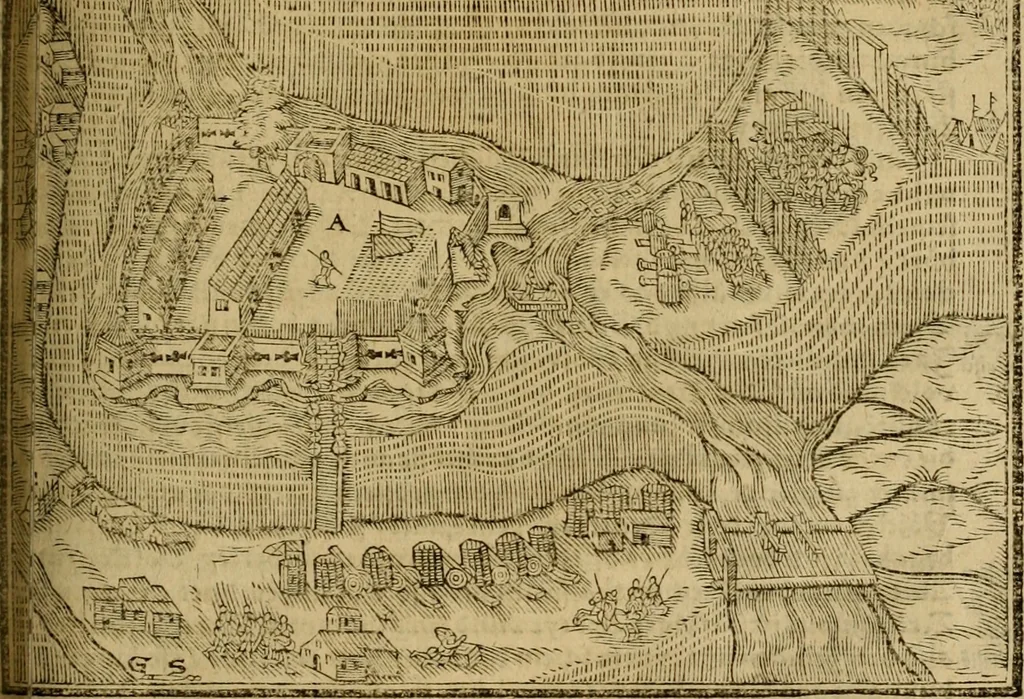 An illustration from Erste Theil der Hoffhaltung des Türckhischen Keysers vnd Othomañischen Reichs Beschreibung : darinn nicht allein der Türcken Empter ... sonder auch aller Türckischen Keysern Namen, Thaten, Krieg vnd Handel, so sie wider die Christen vnd Heyden haben verbracht, biss auff diss M.D.LXXVIII. Jar erstreckt vnd aussgeführet, auff das fleissigst verzeichnet vnd beschrieben : dessgleichen von der Türcken Aberglauben, Religion, Gottesdienst vnd Ceremonien ... : der ander Theil, wahrhaffte Beschreibung aller namhafften Geschichten, Thaten, Handlungen, Krieg ... so sich zwischen den Turcken vnd Christen vom Jar M.D.XX. biss auff das M.D.LXXVIII. Jar ... haben verloffen vnd zugetragen, 1578, leaf 574