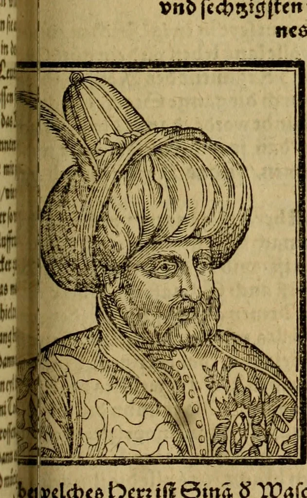 An illustration from Erste Theil der Hoffhaltung des Türckhischen Keysers vnd Othomañischen Reichs Beschreibung : darinn nicht allein der Türcken Empter ... sonder auch aller Türckischen Keysern Namen, Thaten, Krieg vnd Handel, so sie wider die Christen vnd Heyden haben verbracht, biss auff diss M.D.LXXVIII. Jar erstreckt vnd aussgeführet, auff das fleissigst verzeichnet vnd beschrieben : dessgleichen von der Türcken Aberglauben, Religion, Gottesdienst vnd Ceremonien ... : der ander Theil, wahrhaffte Beschreibung aller namhafften Geschichten, Thaten, Handlungen, Krieg ... so sich zwischen den Turcken vnd Christen vom Jar M.D.XX. biss auff das M.D.LXXVIII. Jar ... haben verloffen vnd zugetragen, 1578, leaf 576
