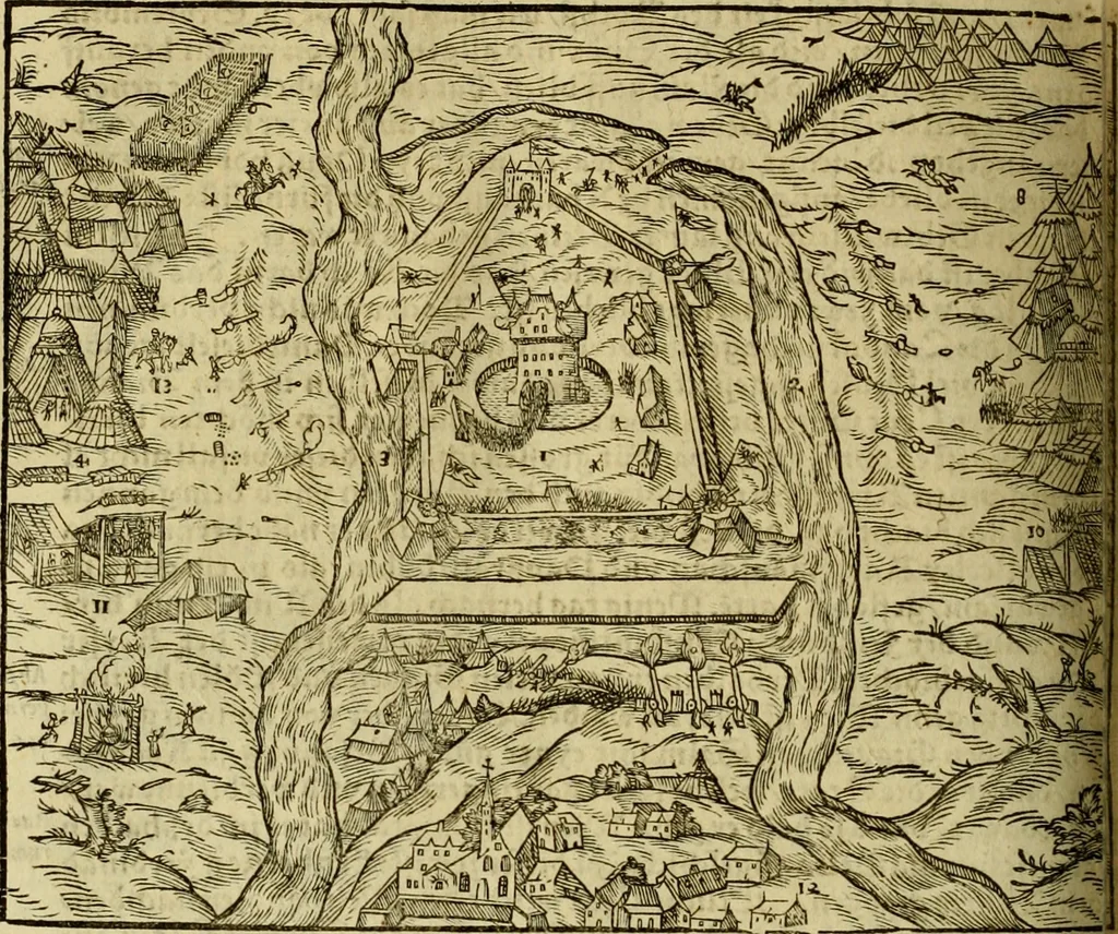 An illustration from Erste Theil der Hoffhaltung des Türckhischen Keysers vnd Othomañischen Reichs Beschreibung : darinn nicht allein der Türcken Empter ... sonder auch aller Türckischen Keysern Namen, Thaten, Krieg vnd Handel, so sie wider die Christen vnd Heyden haben verbracht, biss auff diss M.D.LXXVIII. Jar erstreckt vnd aussgeführet, auff das fleissigst verzeichnet vnd beschrieben : dessgleichen von der Türcken Aberglauben, Religion, Gottesdienst vnd Ceremonien ... : der ander Theil, wahrhaffte Beschreibung aller namhafften Geschichten, Thaten, Handlungen, Krieg ... so sich zwischen den Turcken vnd Christen vom Jar M.D.XX. biss auff das M.D.LXXVIII. Jar ... haben verloffen vnd zugetragen, 1578, leaf 581