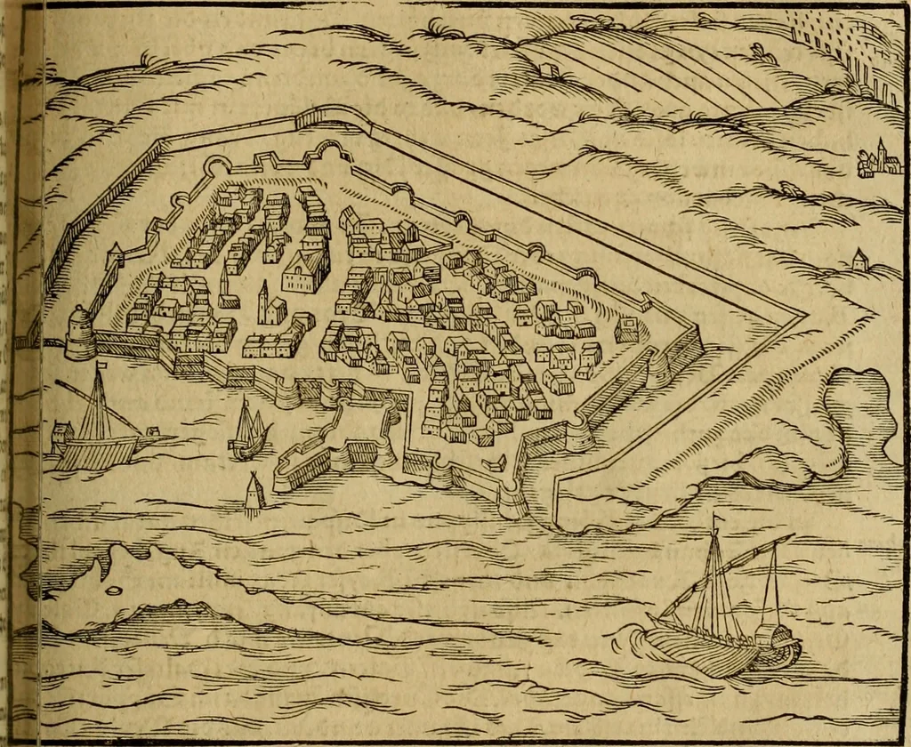 An illustration from Erste Theil der Hoffhaltung des Türckhischen Keysers vnd Othomañischen Reichs Beschreibung : darinn nicht allein der Türcken Empter ... sonder auch aller Türckischen Keysern Namen, Thaten, Krieg vnd Handel, so sie wider die Christen vnd Heyden haben verbracht, biss auff diss M.D.LXXVIII. Jar erstreckt vnd aussgeführet, auff das fleissigst verzeichnet vnd beschrieben : dessgleichen von der Türcken Aberglauben, Religion, Gottesdienst vnd Ceremonien ... : der ander Theil, wahrhaffte Beschreibung aller namhafften Geschichten, Thaten, Handlungen, Krieg ... so sich zwischen den Turcken vnd Christen vom Jar M.D.XX. biss auff das M.D.LXXVIII. Jar ... haben verloffen vnd zugetragen, 1578, leaf 596