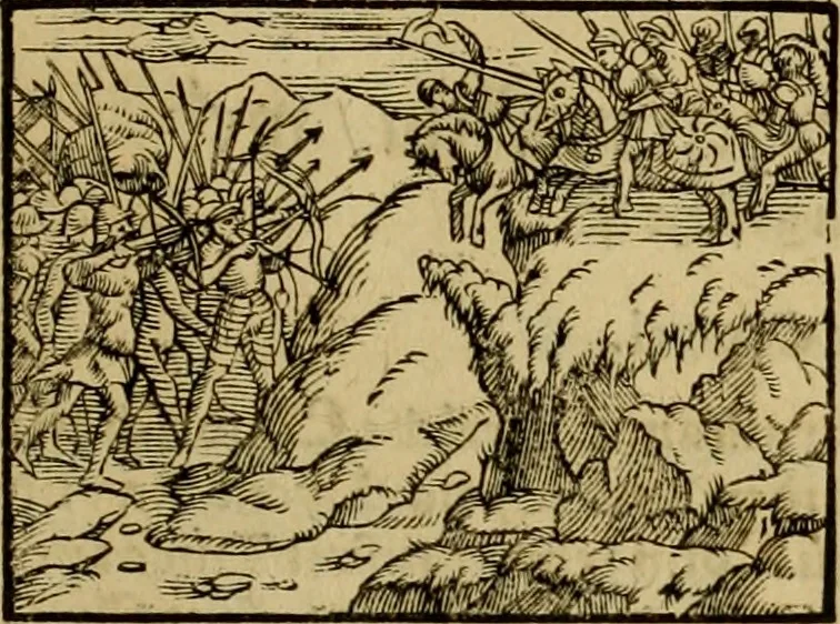 An illustration from Erste Theil der Hoffhaltung des Türckhischen Keysers vnd Othomañischen Reichs Beschreibung : darinn nicht allein der Türcken Empter ... sonder auch aller Türckischen Keysern Namen, Thaten, Krieg vnd Handel, so sie wider die Christen vnd Heyden haben verbracht, biss auff diss M.D.LXXVIII. Jar erstreckt vnd aussgeführet, auff das fleissigst verzeichnet vnd beschrieben : dessgleichen von der Türcken Aberglauben, Religion, Gottesdienst vnd Ceremonien ... : der ander Theil, wahrhaffte Beschreibung aller namhafften Geschichten, Thaten, Handlungen, Krieg ... so sich zwischen den Turcken vnd Christen vom Jar M.D.XX. biss auff das M.D.LXXVIII. Jar ... haben verloffen vnd zugetragen, 1578, leaf 62