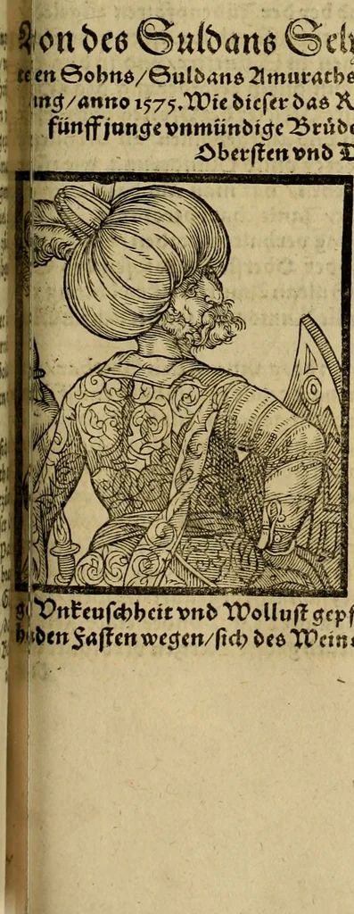 An illustration from Erste Theil der Hoffhaltung des Türckhischen Keysers vnd Othomañischen Reichs Beschreibung : darinn nicht allein der Türcken Empter ... sonder auch aller Türckischen Keysern Namen, Thaten, Krieg vnd Handel, so sie wider die Christen vnd Heyden haben verbracht, biss auff diss M.D.LXXVIII. Jar erstreckt vnd aussgeführet, auff das fleissigst verzeichnet vnd beschrieben : dessgleichen von der Türcken Aberglauben, Religion, Gottesdienst vnd Ceremonien ... : der ander Theil, wahrhaffte Beschreibung aller namhafften Geschichten, Thaten, Handlungen, Krieg ... so sich zwischen den Turcken vnd Christen vom Jar M.D.XX. biss auff das M.D.LXXVIII. Jar ... haben verloffen vnd zugetragen, 1578, leaf 636