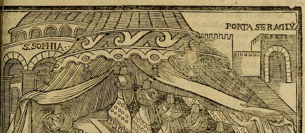 An illustration from Erste Theil der Hoffhaltung des Türckhischen Keysers vnd Othomañischen Reichs Beschreibung : darinn nicht allein der Türcken Empter ... sonder auch aller Türckischen Keysern Namen, Thaten, Krieg vnd Handel, so sie wider die Christen vnd Heyden haben verbracht, biss auff diss M.D.LXXVIII. Jar erstreckt vnd aussgeführet, auff das fleissigst verzeichnet vnd beschrieben : dessgleichen von der Türcken Aberglauben, Religion, Gottesdienst vnd Ceremonien ... : der ander Theil, wahrhaffte Beschreibung aller namhafften Geschichten, Thaten, Handlungen, Krieg ... so sich zwischen den Turcken vnd Christen vom Jar M.D.XX. biss auff das M.D.LXXVIII. Jar ... haben verloffen vnd zugetragen, 1578, leaf 638