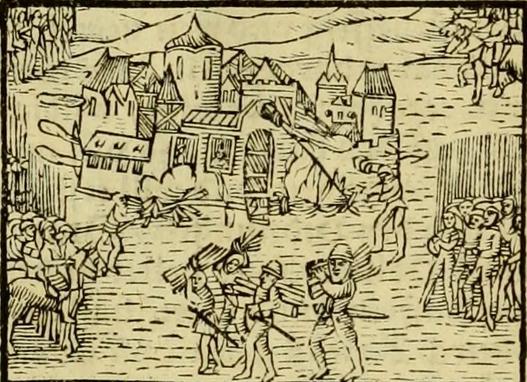 An illustration from Erste Theil der Hoffhaltung des Türckhischen Keysers vnd Othomañischen Reichs Beschreibung : darinn nicht allein der Türcken Empter ... sonder auch aller Türckischen Keysern Namen, Thaten, Krieg vnd Handel, so sie wider die Christen vnd Heyden haben verbracht, biss auff diss M.D.LXXVIII. Jar erstreckt vnd aussgeführet, auff das fleissigst verzeichnet vnd beschrieben : dessgleichen von der Türcken Aberglauben, Religion, Gottesdienst vnd Ceremonien ... : der ander Theil, wahrhaffte Beschreibung aller namhafften Geschichten, Thaten, Handlungen, Krieg ... so sich zwischen den Turcken vnd Christen vom Jar M.D.XX. biss auff das M.D.LXXVIII. Jar ... haben verloffen vnd zugetragen, 1578, leaf 67