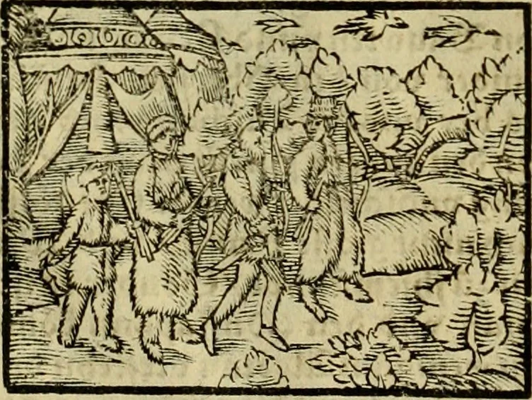 An illustration from Erste Theil der Hoffhaltung des Türckhischen Keysers vnd Othomañischen Reichs Beschreibung : darinn nicht allein der Türcken Empter ... sonder auch aller Türckischen Keysern Namen, Thaten, Krieg vnd Handel, so sie wider die Christen vnd Heyden haben verbracht, biss auff diss M.D.LXXVIII. Jar erstreckt vnd aussgeführet, auff das fleissigst verzeichnet vnd beschrieben : dessgleichen von der Türcken Aberglauben, Religion, Gottesdienst vnd Ceremonien ... : der ander Theil, wahrhaffte Beschreibung aller namhafften Geschichten, Thaten, Handlungen, Krieg ... so sich zwischen den Turcken vnd Christen vom Jar M.D.XX. biss auff das M.D.LXXVIII. Jar ... haben verloffen vnd zugetragen, 1578, leaf 75