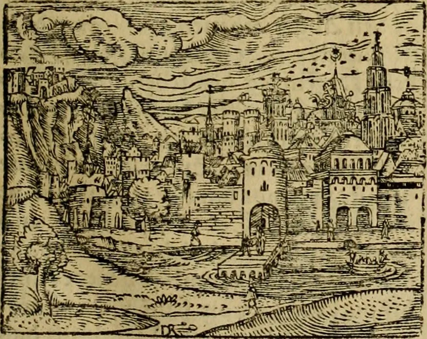 An illustration from Erste Theil der Hoffhaltung des Türckhischen Keysers vnd Othomañischen Reichs Beschreibung : darinn nicht allein der Türcken Empter ... sonder auch aller Türckischen Keysern Namen, Thaten, Krieg vnd Handel, so sie wider die Christen vnd Heyden haben verbracht, biss auff diss M.D.LXXVIII. Jar erstreckt vnd aussgeführet, auff das fleissigst verzeichnet vnd beschrieben : dessgleichen von der Türcken Aberglauben, Religion, Gottesdienst vnd Ceremonien ... : der ander Theil, wahrhaffte Beschreibung aller namhafften Geschichten, Thaten, Handlungen, Krieg ... so sich zwischen den Turcken vnd Christen vom Jar M.D.XX. biss auff das M.D.LXXVIII. Jar ... haben verloffen vnd zugetragen, 1578, leaf 96