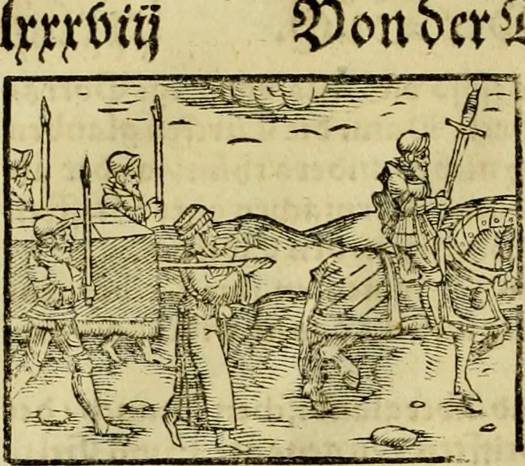 An illustration from Erste Theil der Hoffhaltung des Türckhischen Keysers vnd Othomañischen Reichs Beschreibung : darinn nicht allein der Türcken Empter ... sonder auch aller Türckischen Keysern Namen, Thaten, Krieg vnd Handel, so sie wider die Christen vnd Heyden haben verbracht, biss auff diss M.D.LXXVIII. Jar erstreckt vnd aussgeführet, auff das fleissigst verzeichnet vnd beschrieben : dessgleichen von der Türcken Aberglauben, Religion, Gottesdienst vnd Ceremonien ... : der ander Theil, wahrhaffte Beschreibung aller namhafften Geschichten, Thaten, Handlungen, Krieg ... so sich zwischen den Turcken vnd Christen vom Jar M.D.XX. biss auff das M.D.LXXVIII. Jar ... haben verloffen vnd zugetragen, 1578, leaf 99