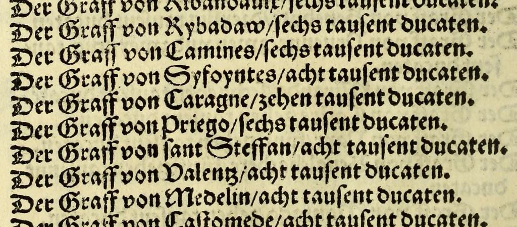 An illustration from Erzelung der Künigreych in Hispanien auch der selben järlich nutzung und einkom[m]ens mit sampt de[n] herschafften dem selben Künigreych zügehörig. : Mer ein alte Prophecey Kay. Carl betreffend, 1532, leaf 14