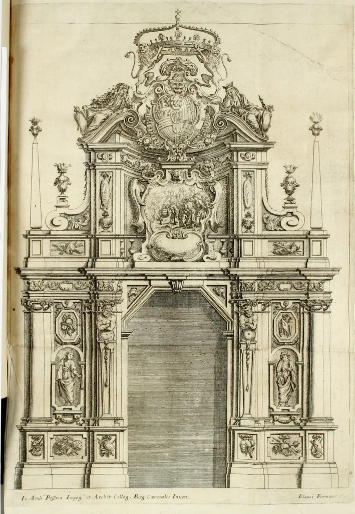 An illustration from Eseqvie reali alla Catt. Maestà del rè d. Filippo IV. celebrate in Milano alli 17. decembre 1665 per ordine dell'eccellentissimò signore il sig. d. Lvigi de Guzman Ponze de Leon ... in esecuzione del comandamento dell'avgvstissima reina Maria Anna nostra signora, 1665, leaf 21
