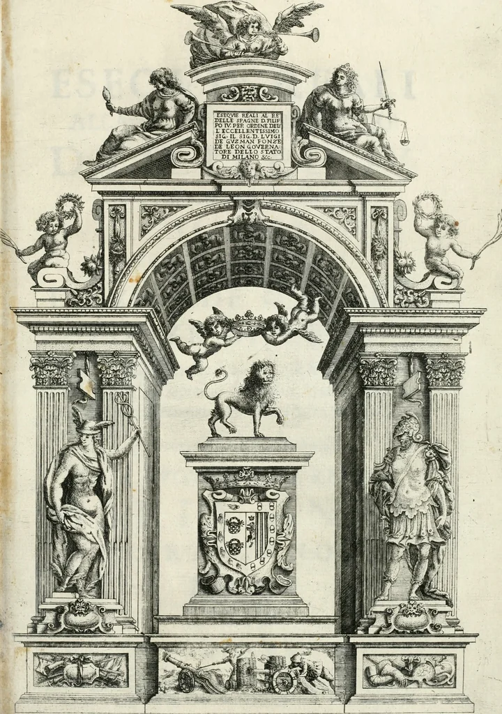 An illustration from Eseqvie reali alla Catt. Maestà del rè d. Filippo IV. celebrate in Milano alli 17. decembre 1665 per ordine dell'eccellentissimò signore il sig. d. Lvigi de Guzman Ponze de Leon ... in esecuzione del comandamento dell'avgvstissima reina Maria Anna nostra signora, 1665, leaf 4