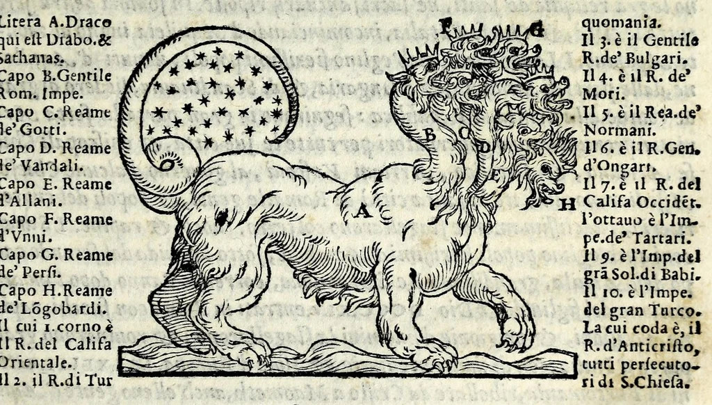 An illustration from Espositione dell'XI. et XII. cap. del IIII. lib. d'Esdra : sopra gli accidenti passati, presenti, & futuri della reuolutione del grande & tremendo imperio dell'aquila, quarta, & ultima monarchia nel mondo, 1571, leaf 105