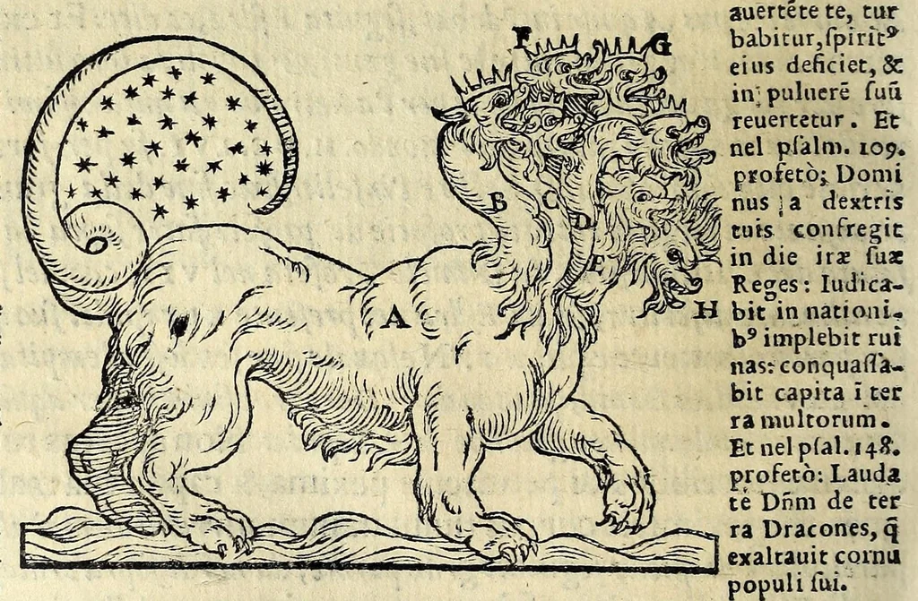 An illustration from Espositione dell'XI. et XII. cap. del IIII. lib. d'Esdra : sopra gli accidenti passati, presenti, & futuri della reuolutione del grande & tremendo imperio dell'aquila, quarta, & ultima monarchia nel mondo, 1571, leaf 142