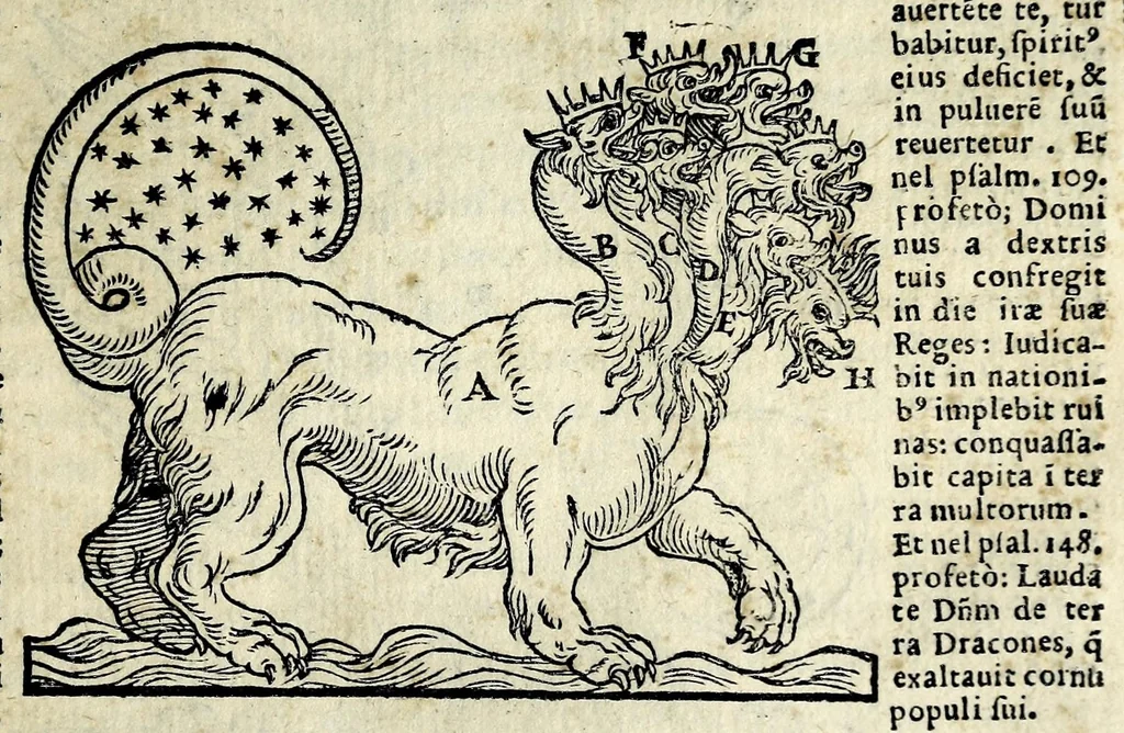 An illustration from Espositione dell'XI. et XII. cap. del IIII. lib. d'Esdra : sopra gli accidenti passati, presenti, & futuri della reuolutione del grande & tremendo imperio dell'aquila, quarta, & ultima monarchia nel mondo, 1571, leaf 155