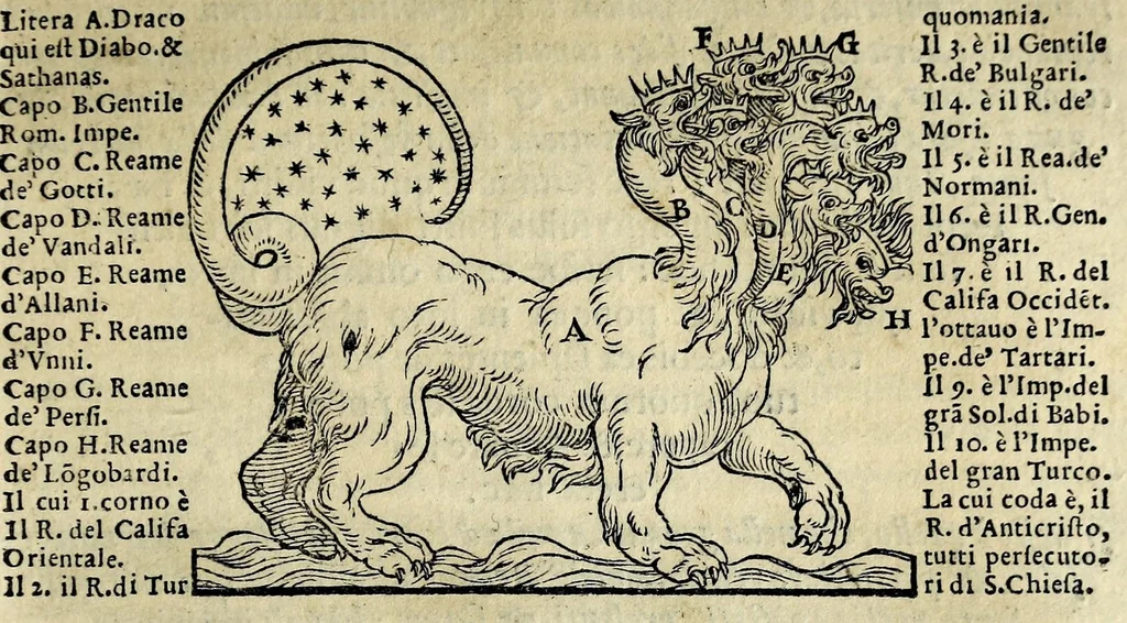 An illustration from Espositione dell'XI. et XII. cap. del IIII. lib. d'Esdra : sopra gli accidenti passati, presenti, & futuri della reuolutione del grande & tremendo imperio dell'aquila, quarta, & ultima monarchia nel mondo, 1571, leaf 163