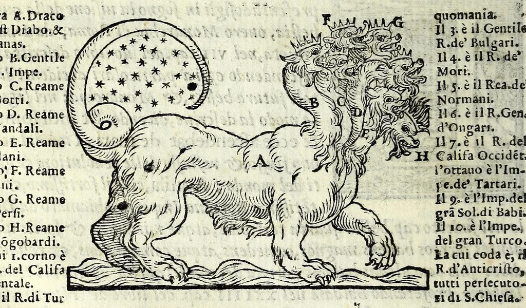 An illustration from Espositione dell'XI. et XII. cap. del IIII. lib. d'Esdra : sopra gli accidenti passati, presenti, & futuri della reuolutione del grande & tremendo imperio dell'aquila, quarta, & ultima monarchia nel mondo, 1571, leaf 32