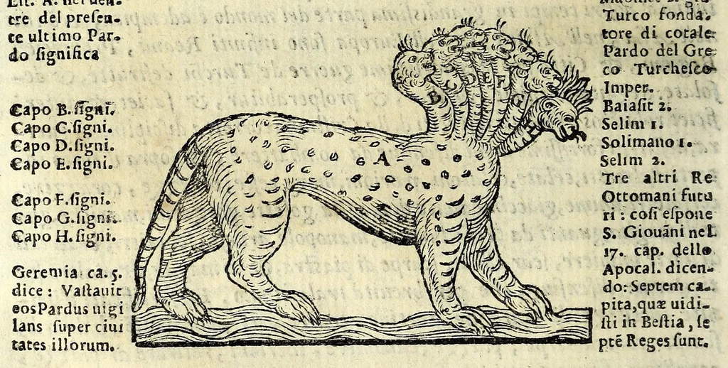 An illustration from Espositione dell'XI. et XII. cap. del IIII. lib. d'Esdra : sopra gli accidenti passati, presenti, & futuri della reuolutione del grande & tremendo imperio dell'aquila, quarta, & ultima monarchia nel mondo, 1571, leaf 40