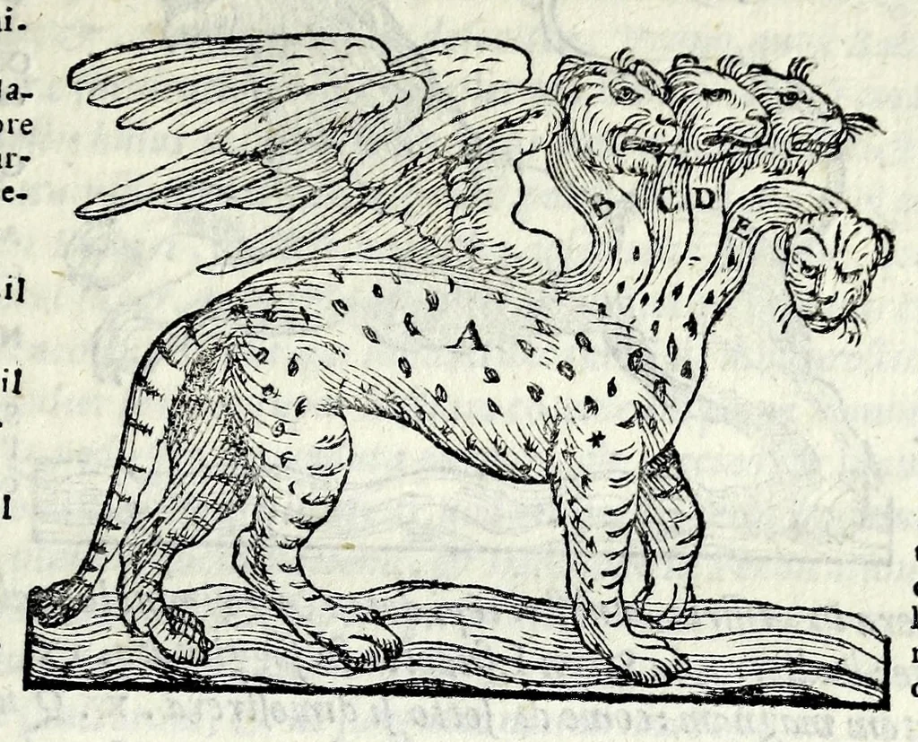 An illustration from Espositione dell'XI. et XII. cap. del IIII. lib. d'Esdra : sopra gli accidenti passati, presenti, & futuri della reuolutione del grande & tremendo imperio dell'aquila, quarta, & ultima monarchia nel mondo, 1571, leaf 53