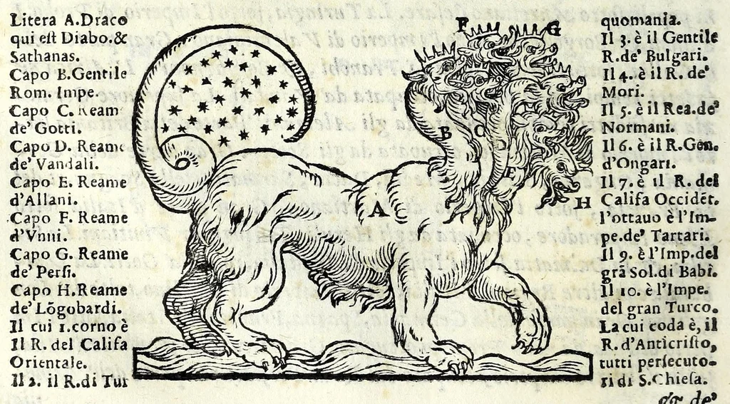 An illustration from Espositione dell'XI. et XII. cap. del IIII. lib. d'Esdra : sopra gli accidenti passati, presenti, & futuri della reuolutione del grande & tremendo imperio dell'aquila, quarta, & ultima monarchia nel mondo, 1571, leaf 66